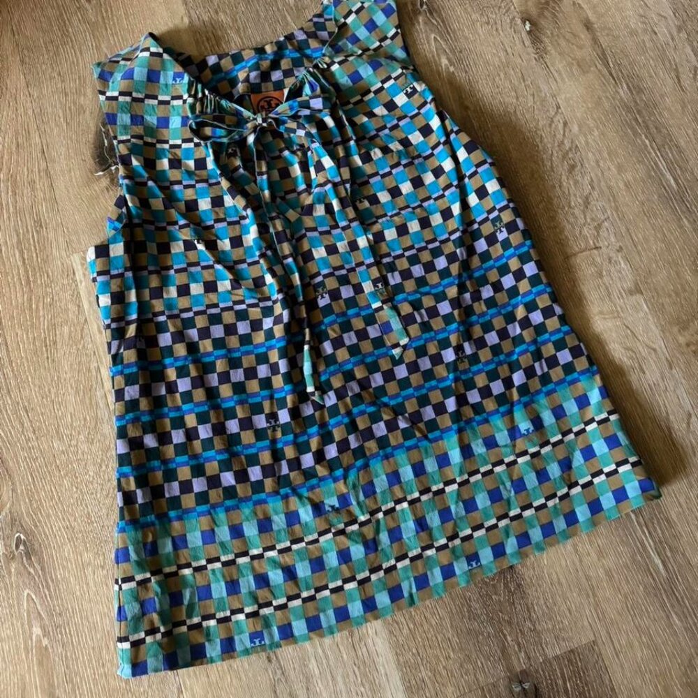 Tory Burch 100% Silk Geometric‎ Tank Top Blouse Blue Green Turquoise size 10